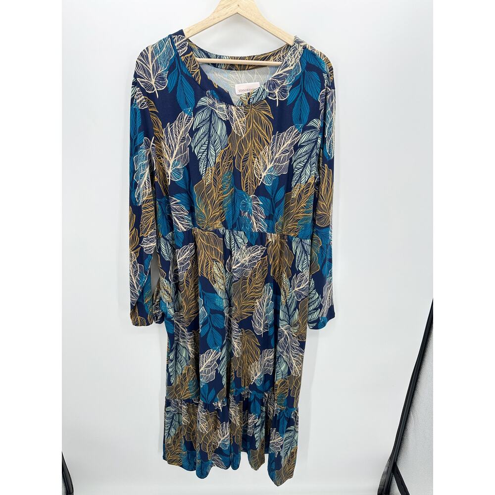Stan Herman Sueded Jersey Tiered Lounge Dress Feather Artsy Midi Women XL